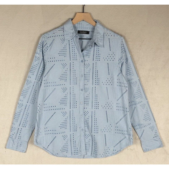 RALPH LAUREN Black Label Eyelet Shirt Sz M Blue Cotton Long Sleeve Button‎ Up - Picture 1 of 9
